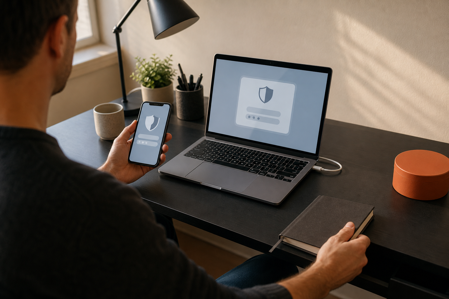 Iemand stelt op een laptop en telefoon een wachtwoordmanager in aan een rustig thuisbureau